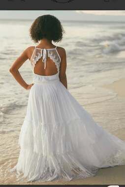 Catrin Dress in White by Joy Folie featuring  open lace back, rounded neckline i